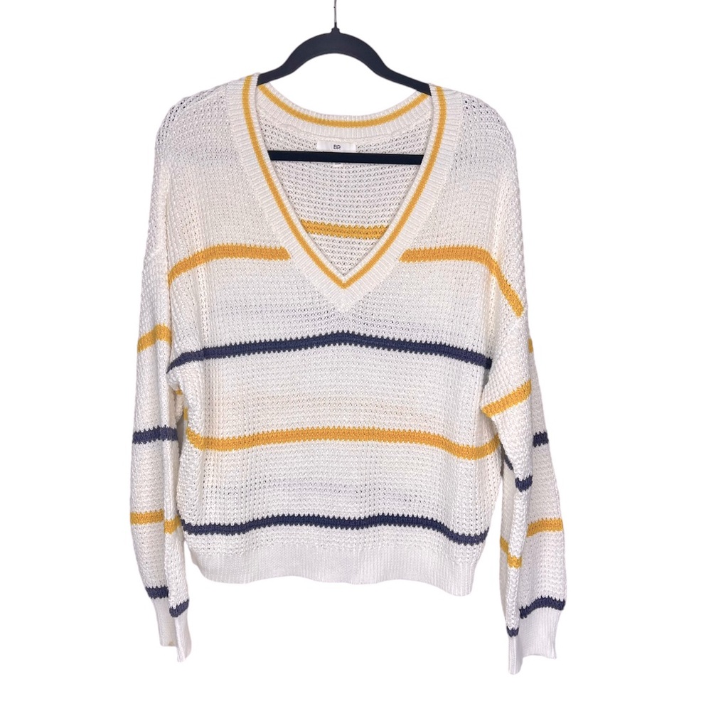 BP. Waffle Knit Sweater Women's Large Multicolored Striped V-Neck Pullover